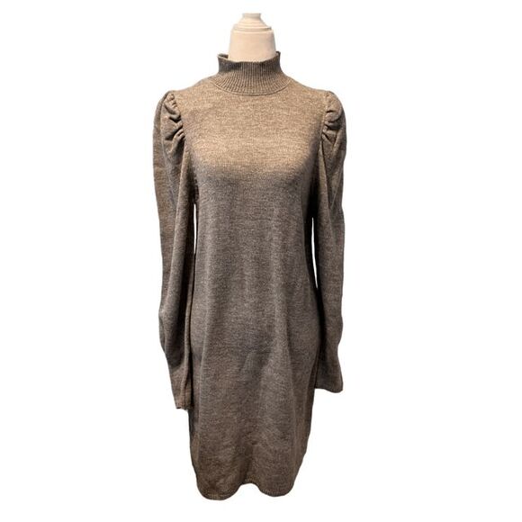WAYF Lola Puff Sleeve Sweater Dress Gray Knit Mini Mock Neck Pull-Over S - Picture 2 of 12